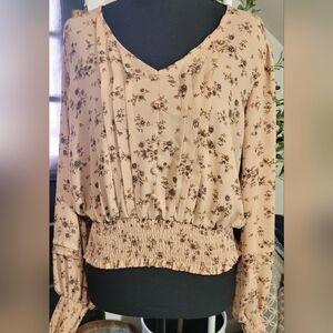 BLU PEPPER Floral Long Sleeve Mauve Cropped Smocked Top Size Large